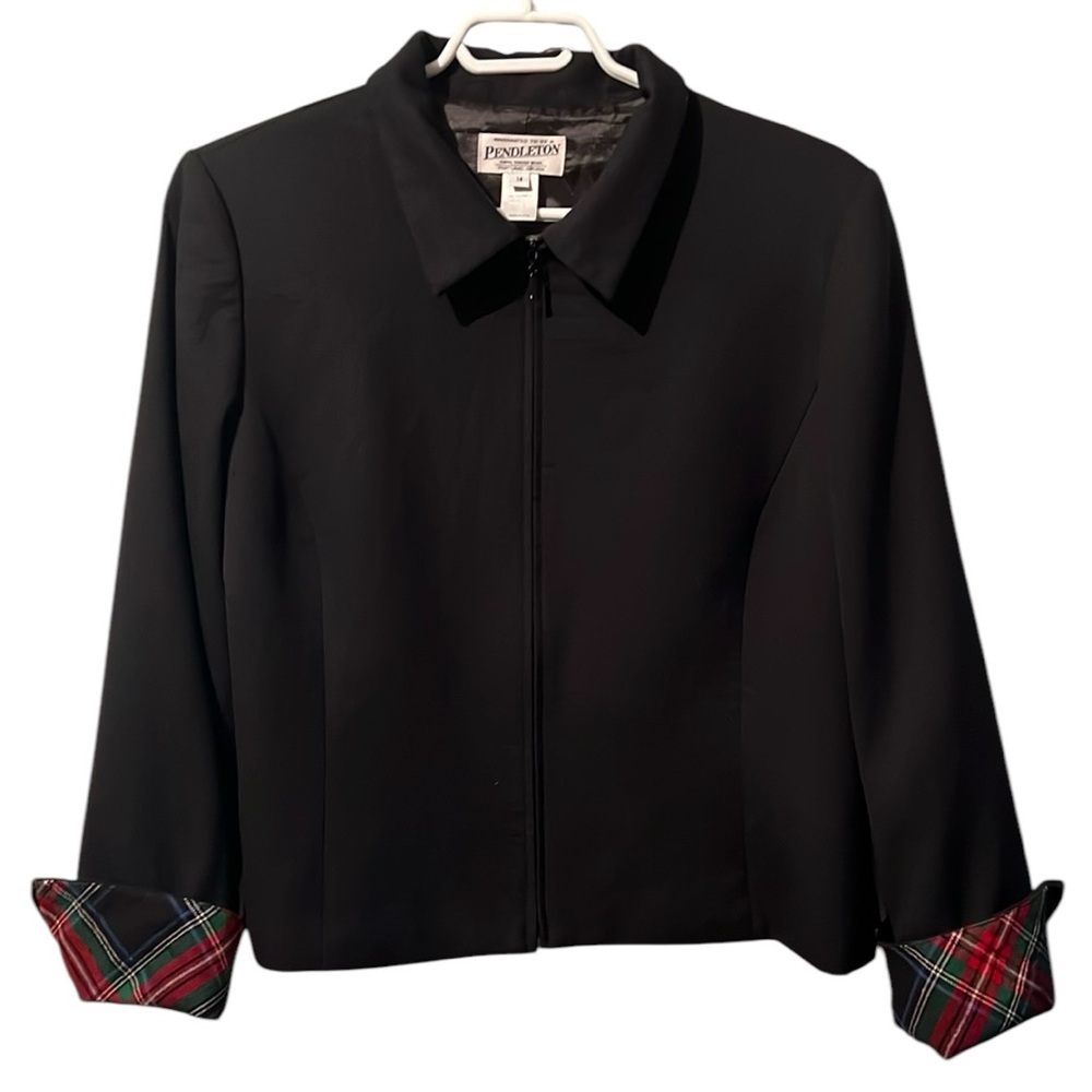 Vintage Pendleton Virgin Wool Lined Jacket Black Plaid Accents Women’s Size 14